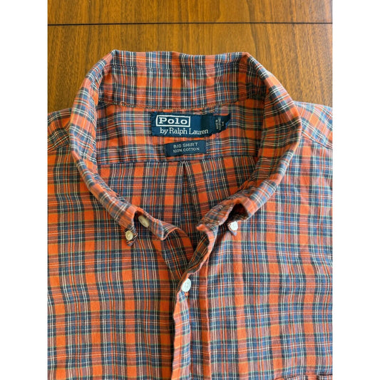 Vintage Polo Ralph Lauren Men's Big Shirt Orange/Blue Plaid Button Down - Size L