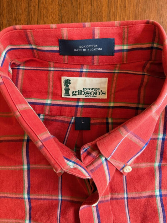George Gibson's Men's Red Plaid Short Sleeve Shirt 100% Cotton - Size L