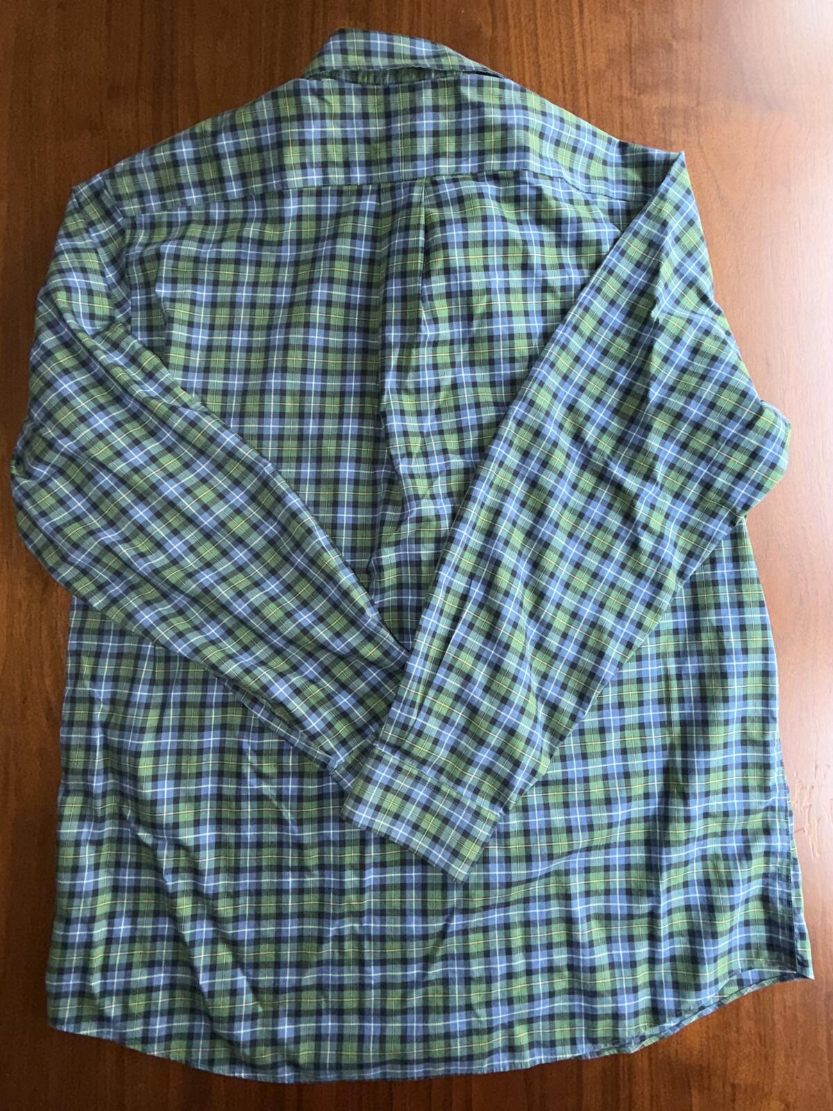 L.L.Bean Men's Wrinkle Resistant Blue & Green Plaid Button-Up Shirt - Size L