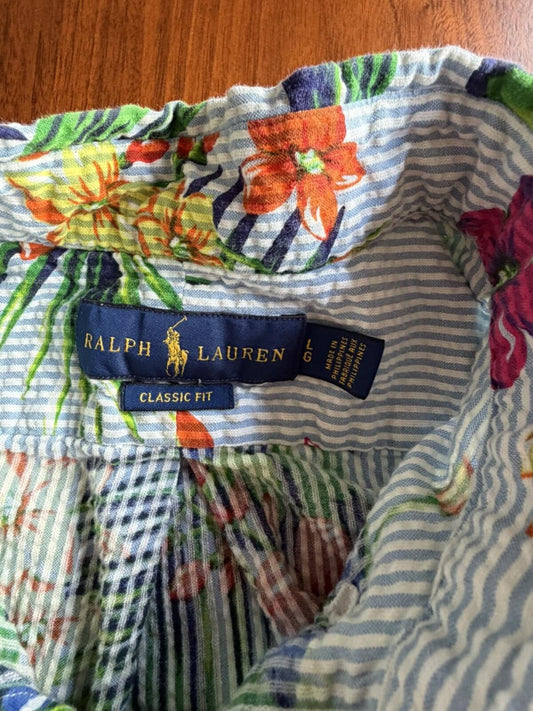 Ralph Lauren Classic Fit Floral Seersucker Button-Up Shirt - Size L
