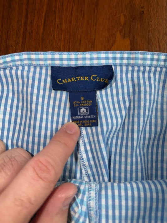 Charter Club Women's Blue Gingham Stretch Straight Leg Pants - Size 8