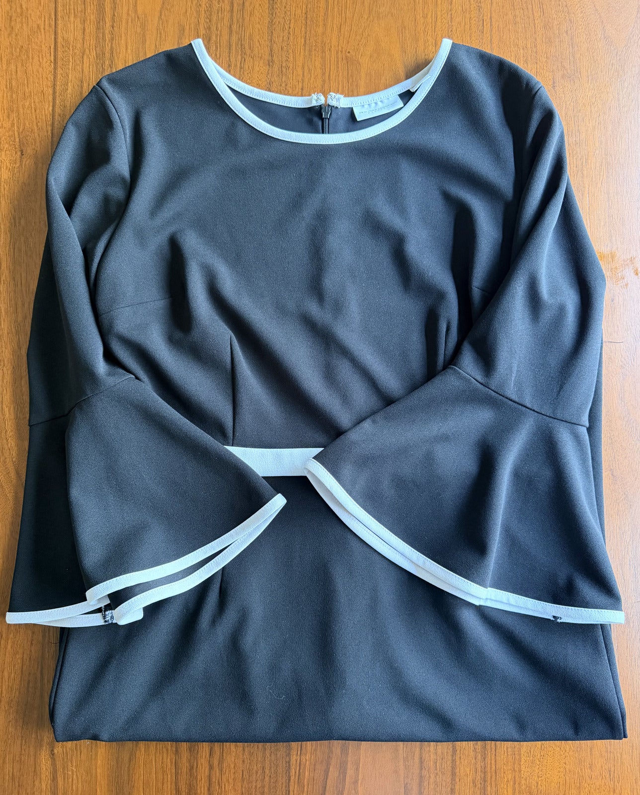 New York & Company Black Stretch Dress with White Trim and Bell Sleeves - Size L
