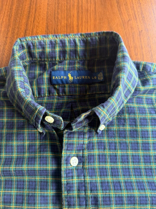 Polo Ralph Lauren Mens Green/Navy Blue Tartan Plaid Button Down Shirt - Size L