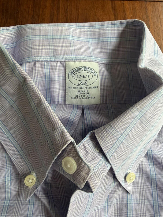 Brooks Brothers 346 Men's Slim Fit Non-Iron Lilac Plaid Dress Shirt - Size 17-36