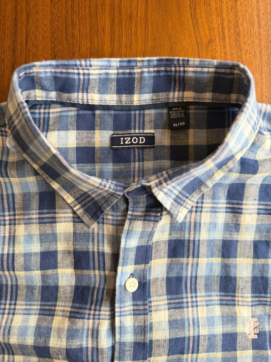 IZOD Relaxed Fit Men's Linen Blend Blue Plaid Short Sleeve Button Down - Size XL