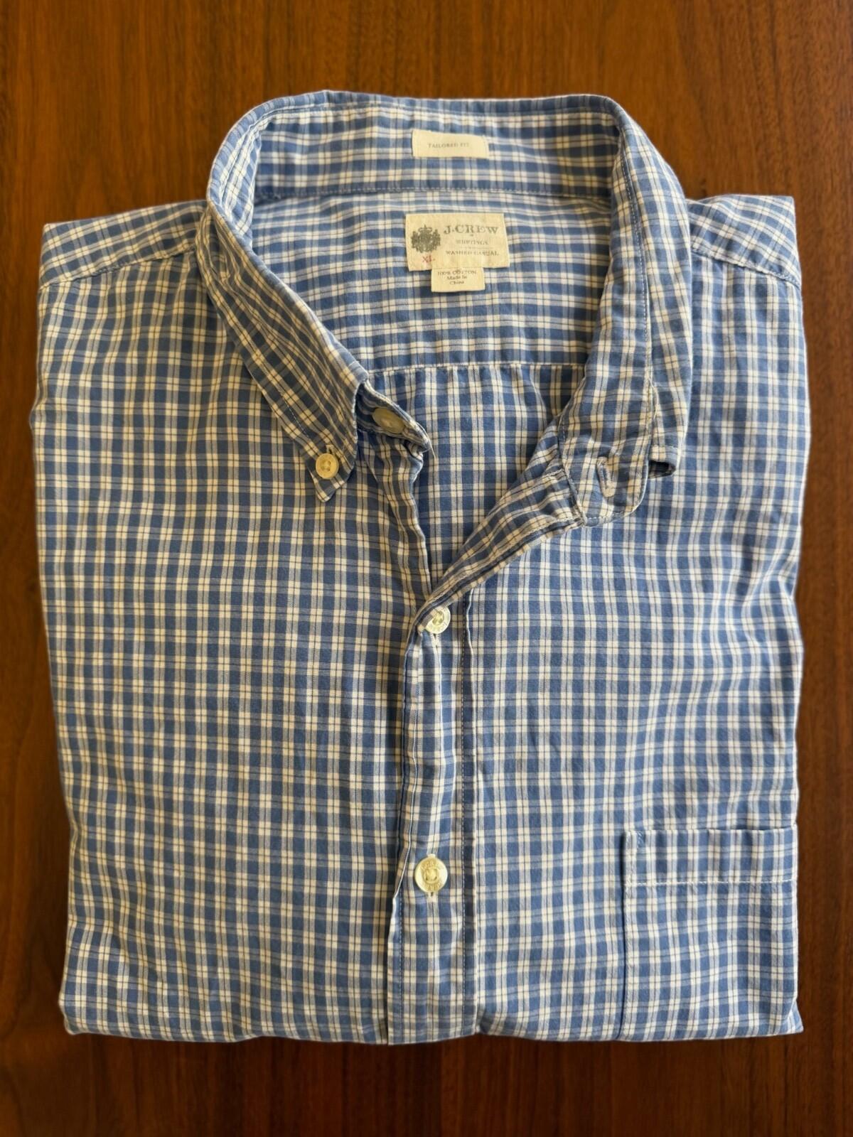 J.Crew Men's Tailored Fit Blue and White Tattersall Plaid Shirt - Size XL