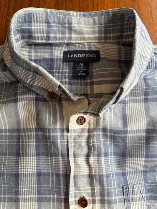 Lands' End Traditional Fit Blue & Pink Plaid Button Down Shirt - Size M