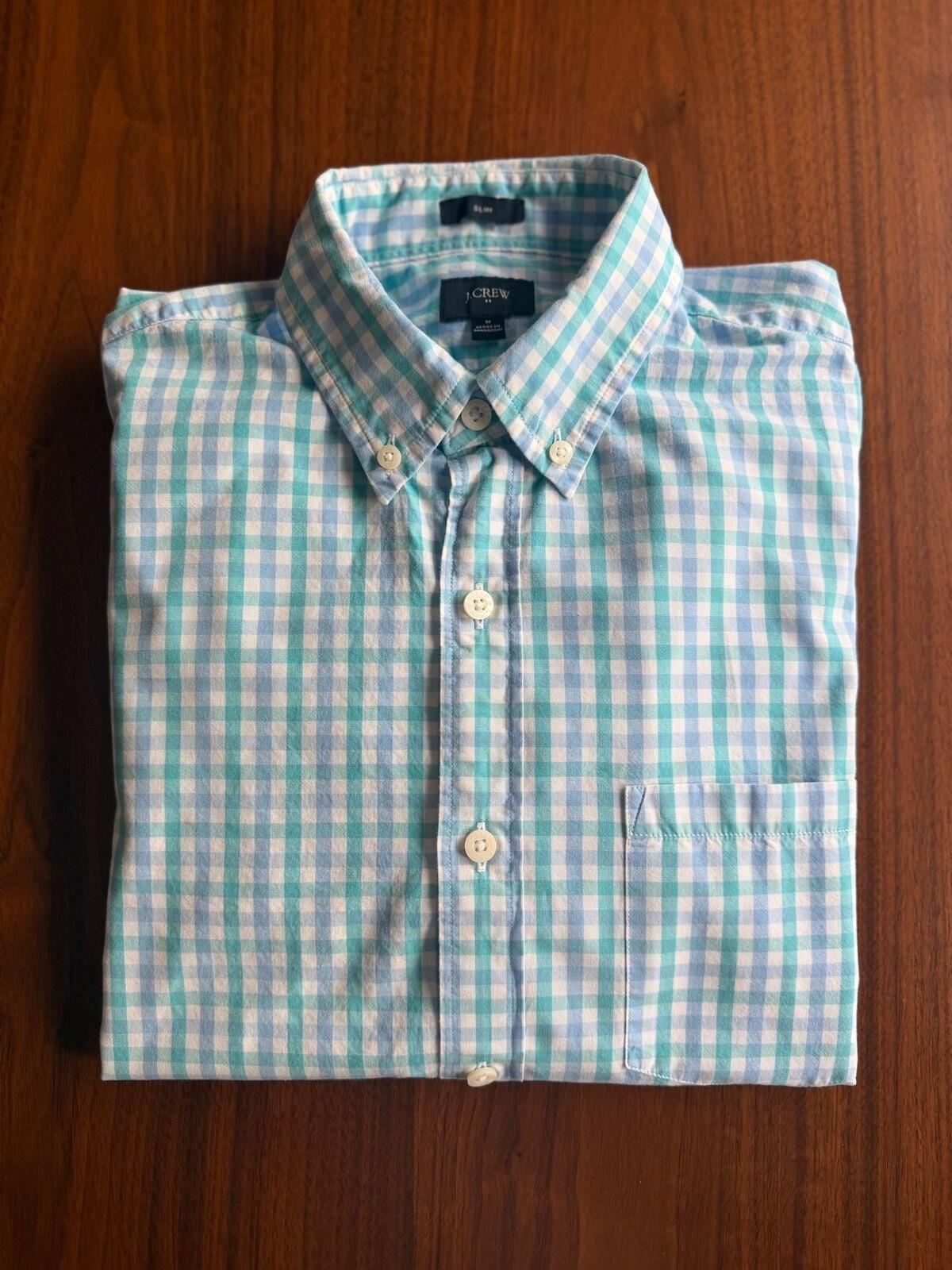 J.Crew Men's Slim Aqua/Blue Gingham Plaid Long Sleeve Button Down Shirt - Size M