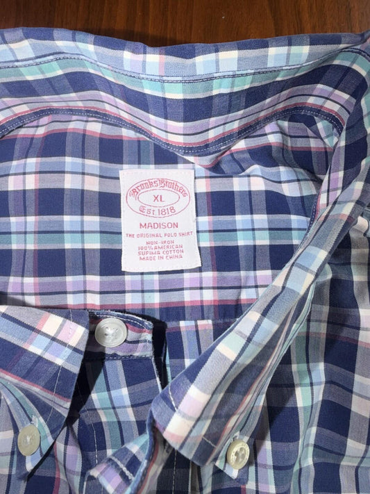 Brooks Brothers Men's Madison Fit Blue & Pink Plaid Button-Down - Size XL