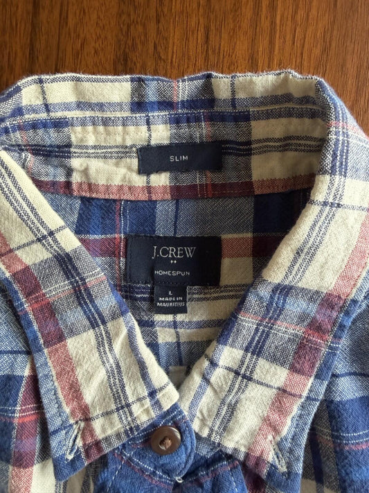 J.Crew Men's Homespun Slim Fit Blue Plaid Button-Down - Size L