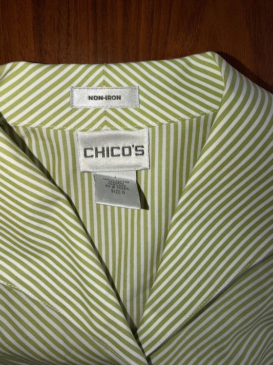 Chico's Women's Non-Iron Green & White Bias Striped Button-Up Shirt - Size 0