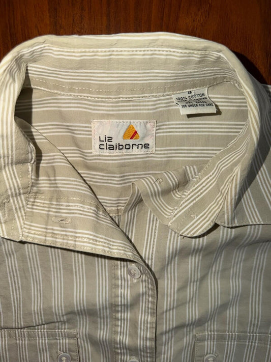 Vintage Liz Claiborne Women's Cotton Striped Long Sleeve Button Down Tan - Size
