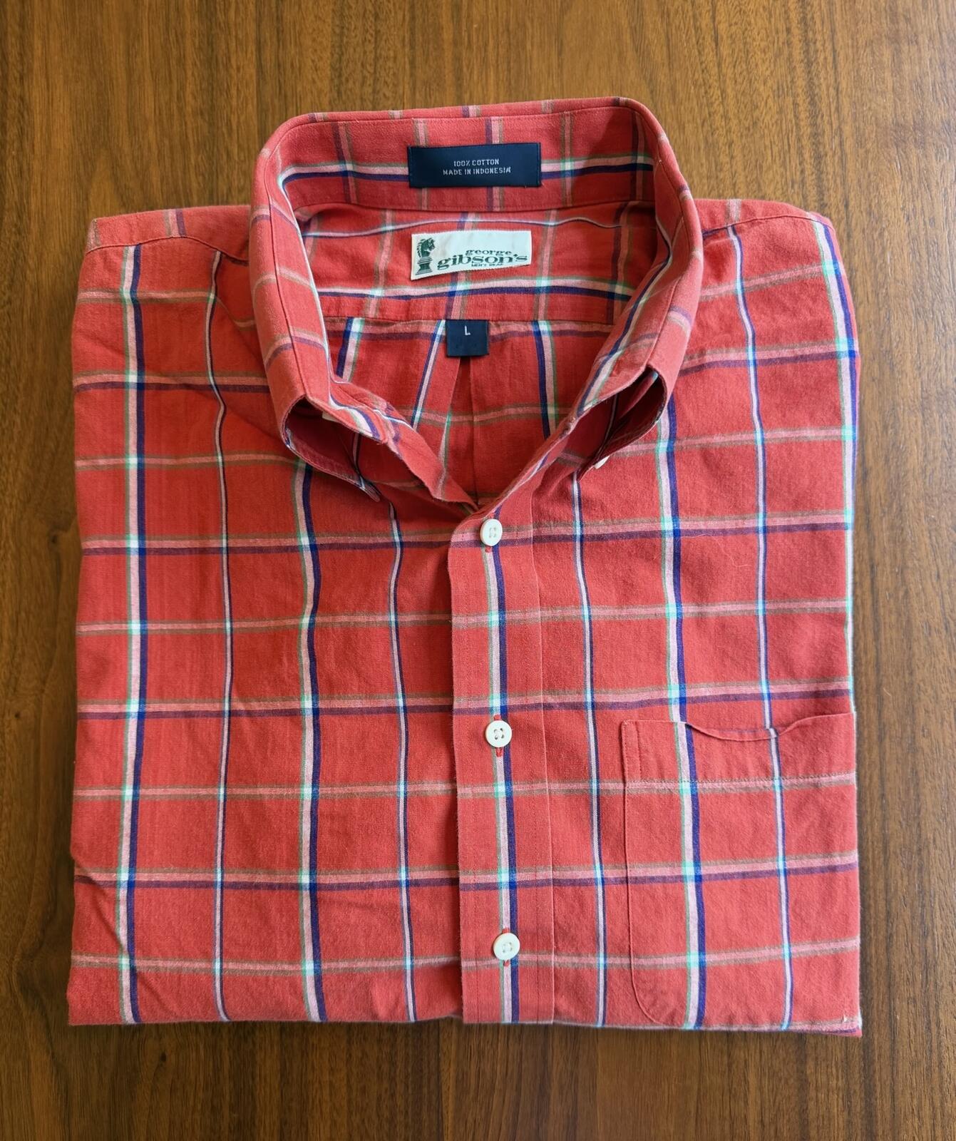 George Gibson's Men's Red Plaid Short Sleeve Shirt 100% Cotton - Size L