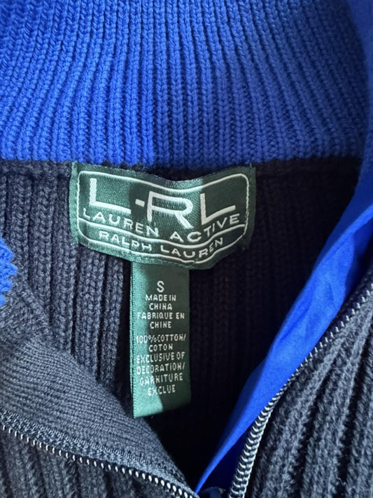 Lauren Active Ralph Lauren Black Ribbed Full-Zip Sweater with Blue Trim - Size S