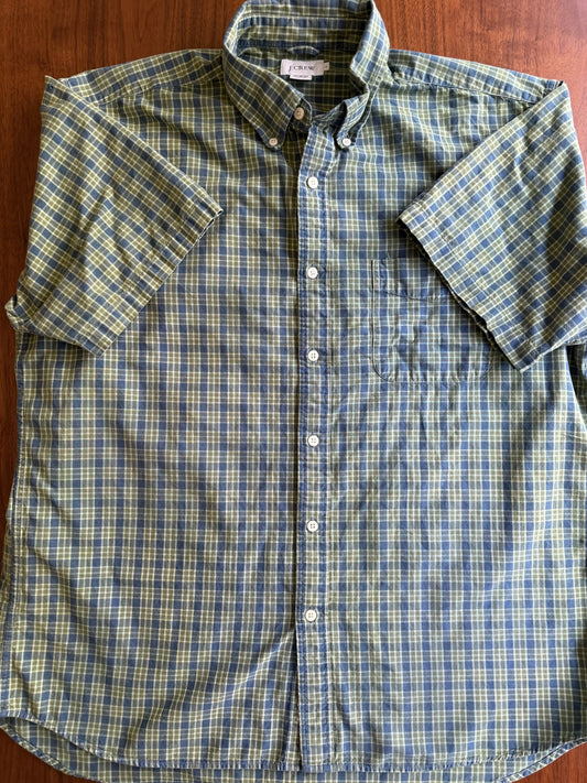 J.Crew Men's Green and Blue Plaid Short Sleeve Button Down - Size L