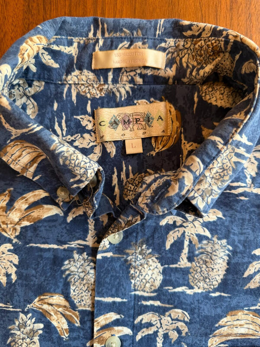 Campia Moda Men's Blue Tropical Palm Button Front Hawaiian Shirt - Size L