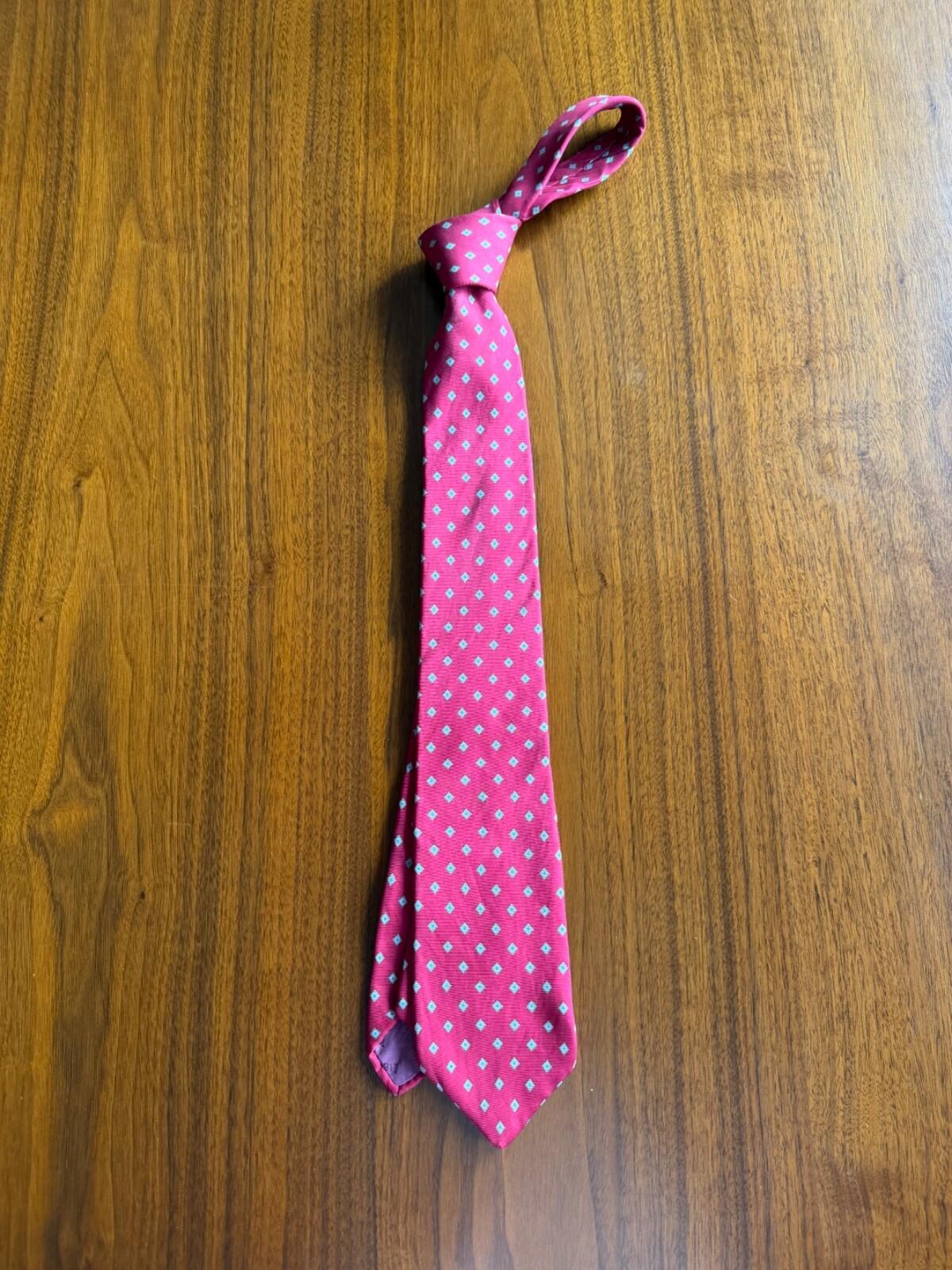 Liberty of London Red Silk Tie with Blue Diamond Medallion Pattern
