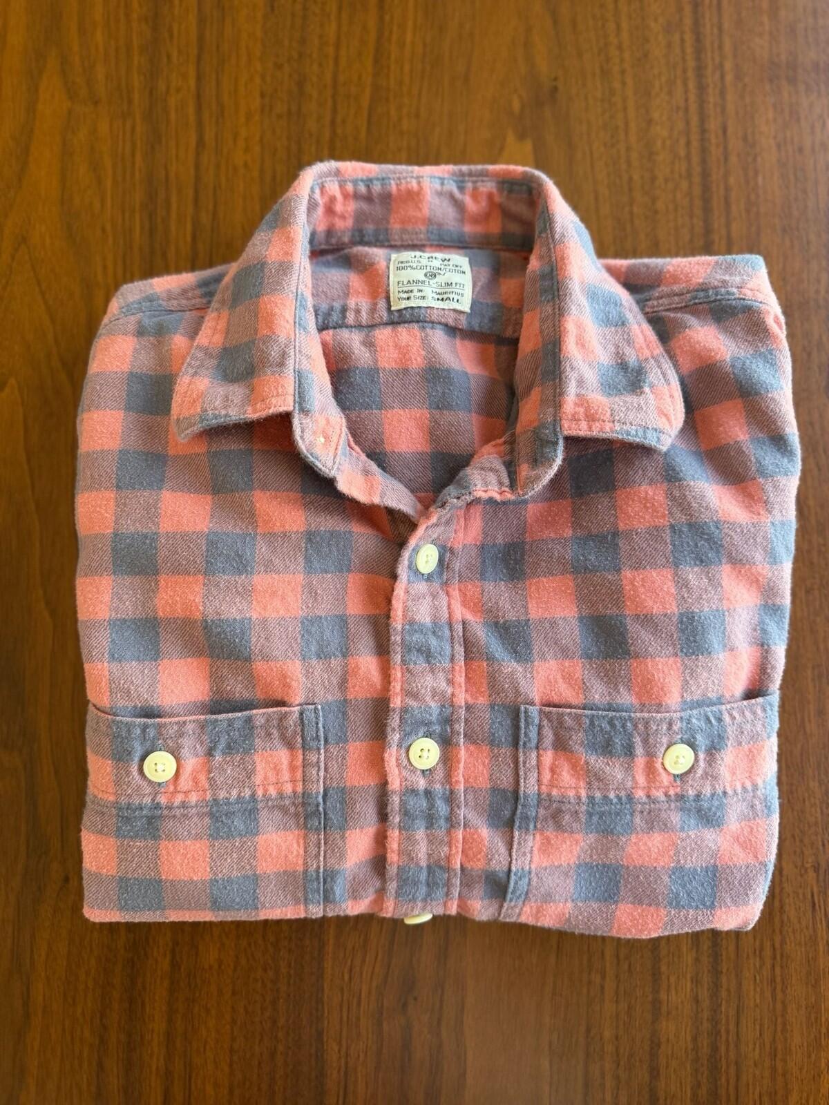 J.Crew Men's Slim-Fit Cotton Flannel Button-Up Shirt Salmon & Grey Check - Size S