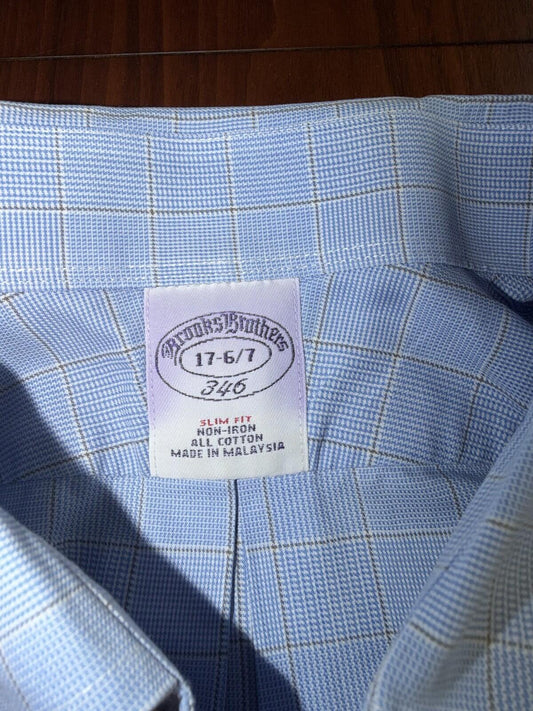 Brooks Brothers 346 Men's Slim Fit Non-Iron Blue Plaid Dress Shirt - Size 17-36
