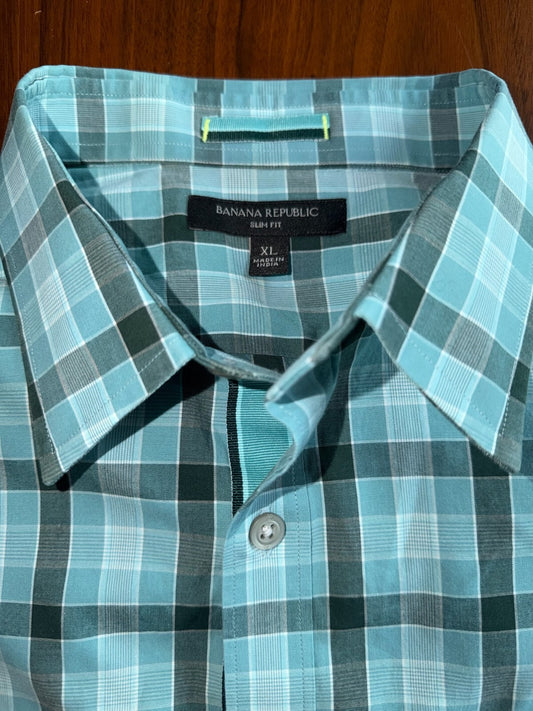 Banana Republic Slim Fit Long Sleeve Light Blue Lrg Check Plaid Shirt - Size XL