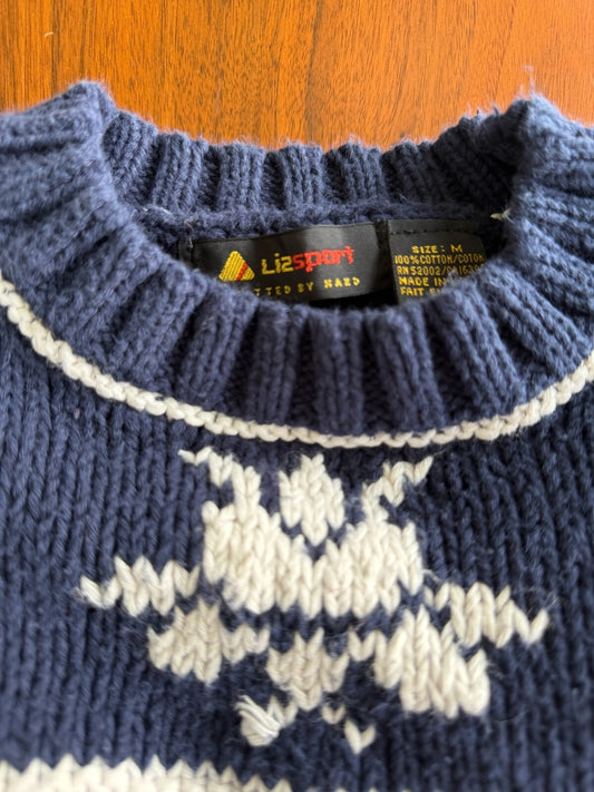 Lizsport Women's Navy & White Knit Sweater with Floral Pattern - Size M