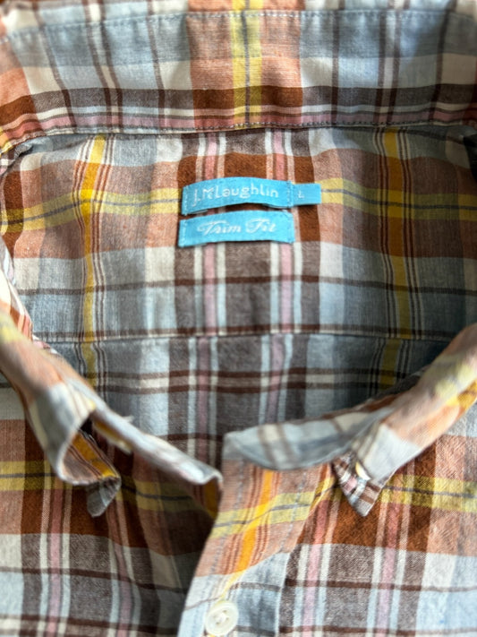 J.McLaughlin Men's Slim Fit Blue & Brown Plaid Button-Down Shirt - Size L