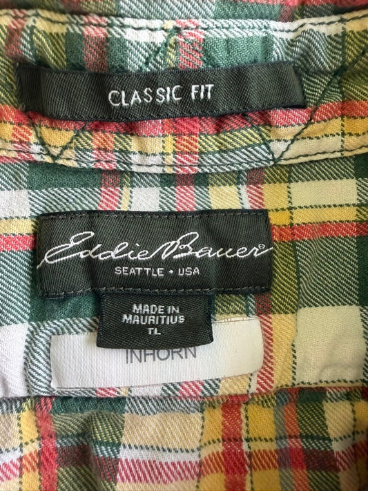 Eddie Bauer Men's Green/Yellow/Orange Plaid Flannel Button-Down Shirt - Size LT