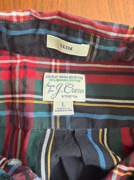 J.Crew Slim Fit Secret Wash Organic Cotton Black Tartan Plaid Shirt - Size L