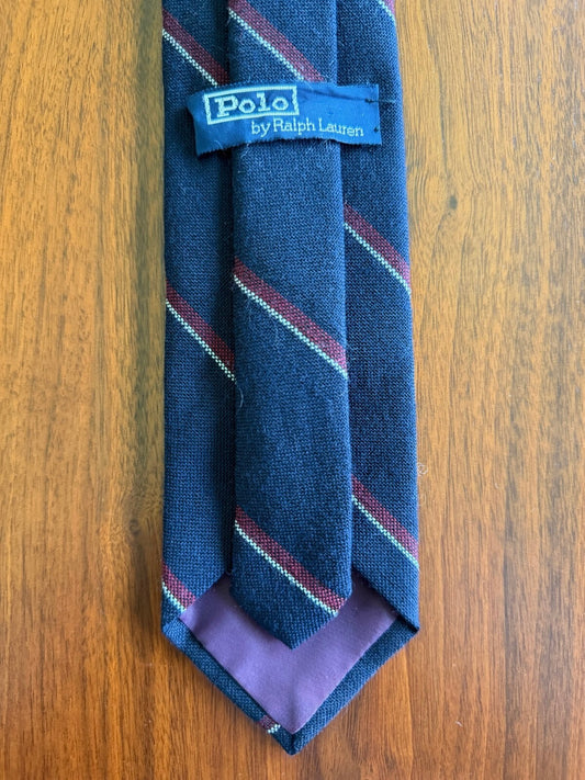 Polo by Ralph Lauren Classic Navy Blue w/ Burgundy & White Striped Neck Tie