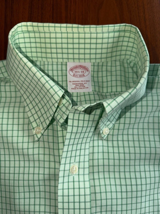 Brooks Brothers Traditional Fit Green Check Dress Shirt - Size 15.5-33