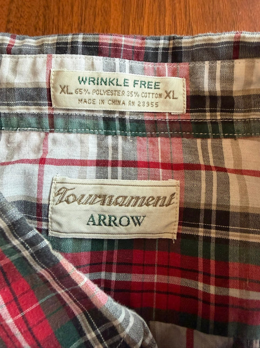 Vintage Arrow Men's Red and Green Plaid Short Sleeve Button Down - Size XL
