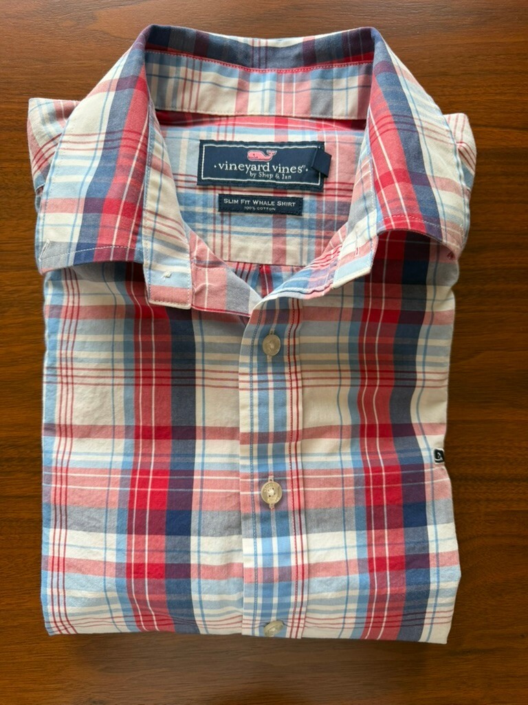 Vineyard Vines Men's Slim Fit Red & Blue Plaid Shirt - Size M