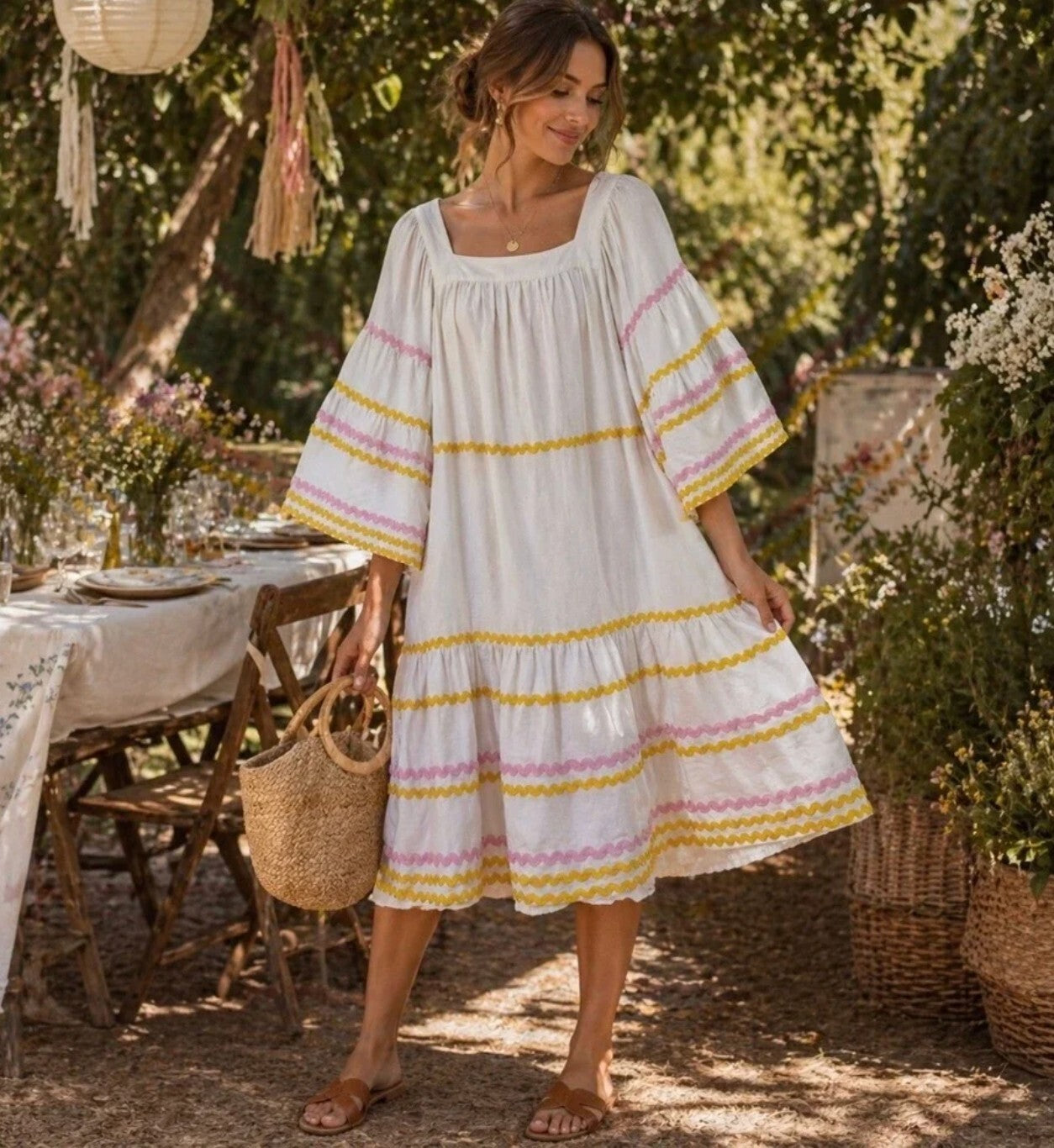 Lisa Marie Fernandez White Dress with Black Bric Brac Trim - Size S
