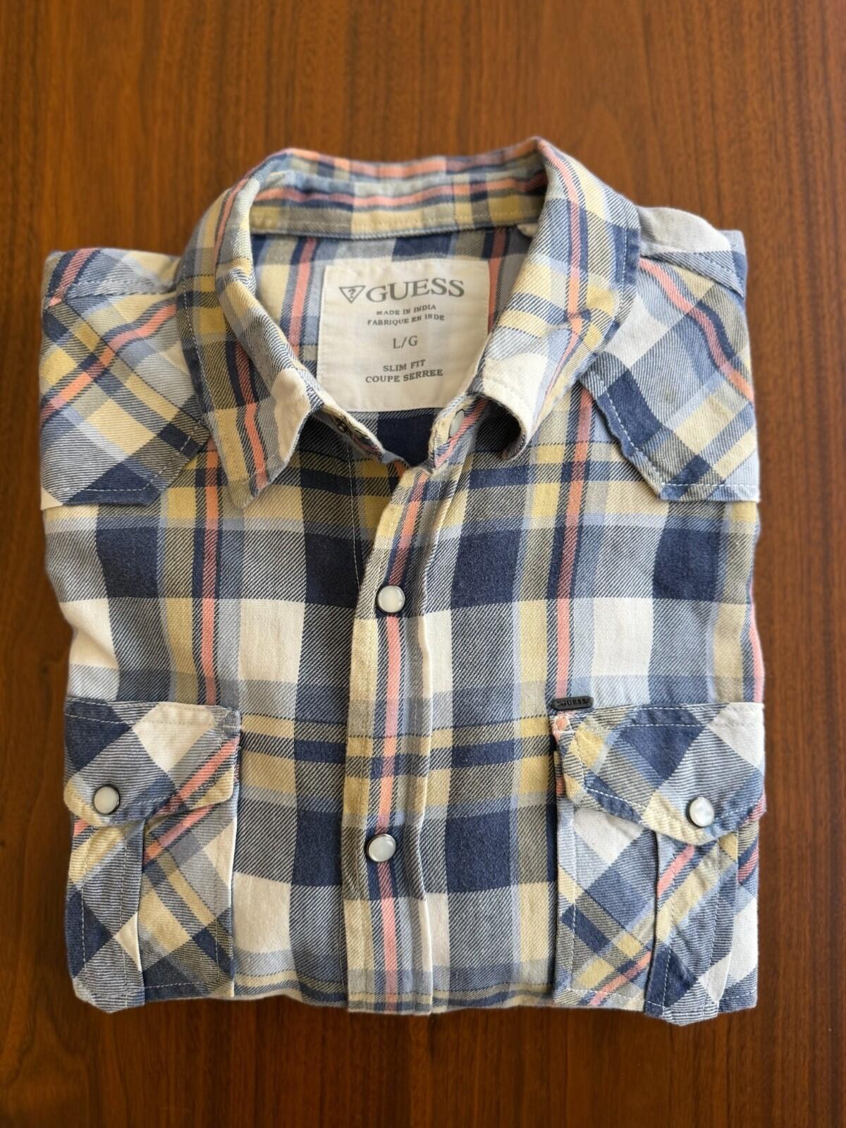 GUESS Men's Slim Fit Plaid Pearl Snap Blue & Yellow Western Shirt - Size L