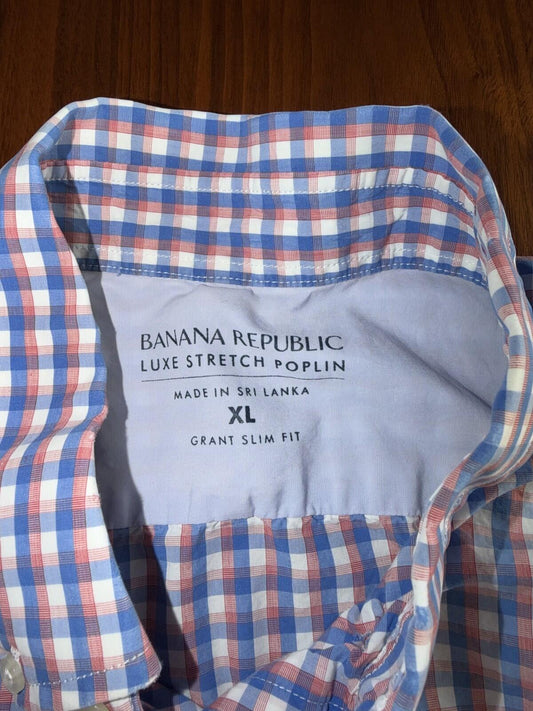 Banana Republic Men's Stretch Poplin Slim Fit Pink/Blue SS Button Down - Size XL