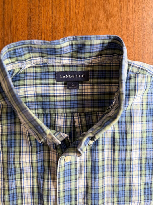 Lands' End Men's Blue & Green Plaid Short Sleeve Button Down Shirt - Size L