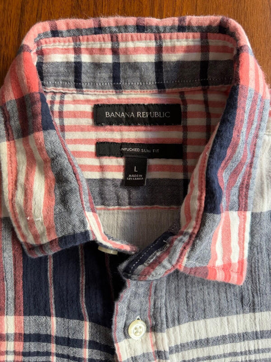 Banana Republic Men's Untucked Slim Fit Plaid Button-Down Shirt Size L