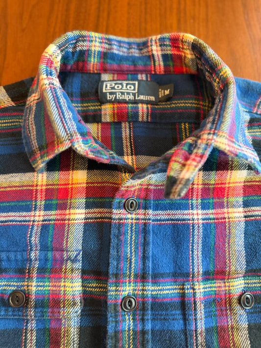 Vintage Polo Ralph Lauren Royal Blue Plaid Flannel Button Up Work Shirt - Size Medium