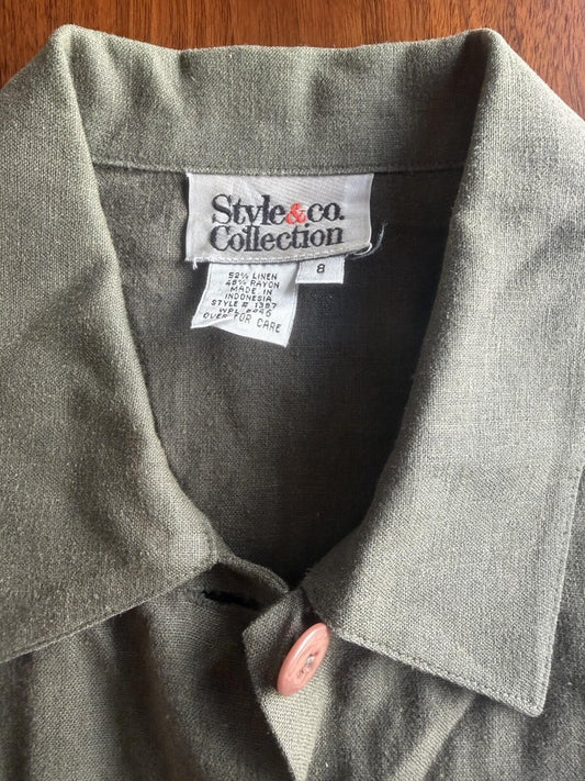 Style & Co Collection Women's Olive Green Linen Blend Button Down - Size 8