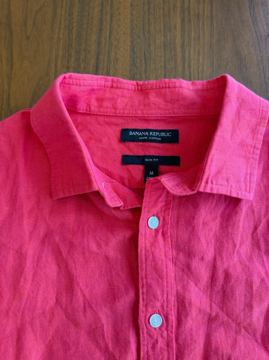 Banana Republic Slim Fit Linen Cotton Short Sleeve Shirt Raspberry Pink Size M
