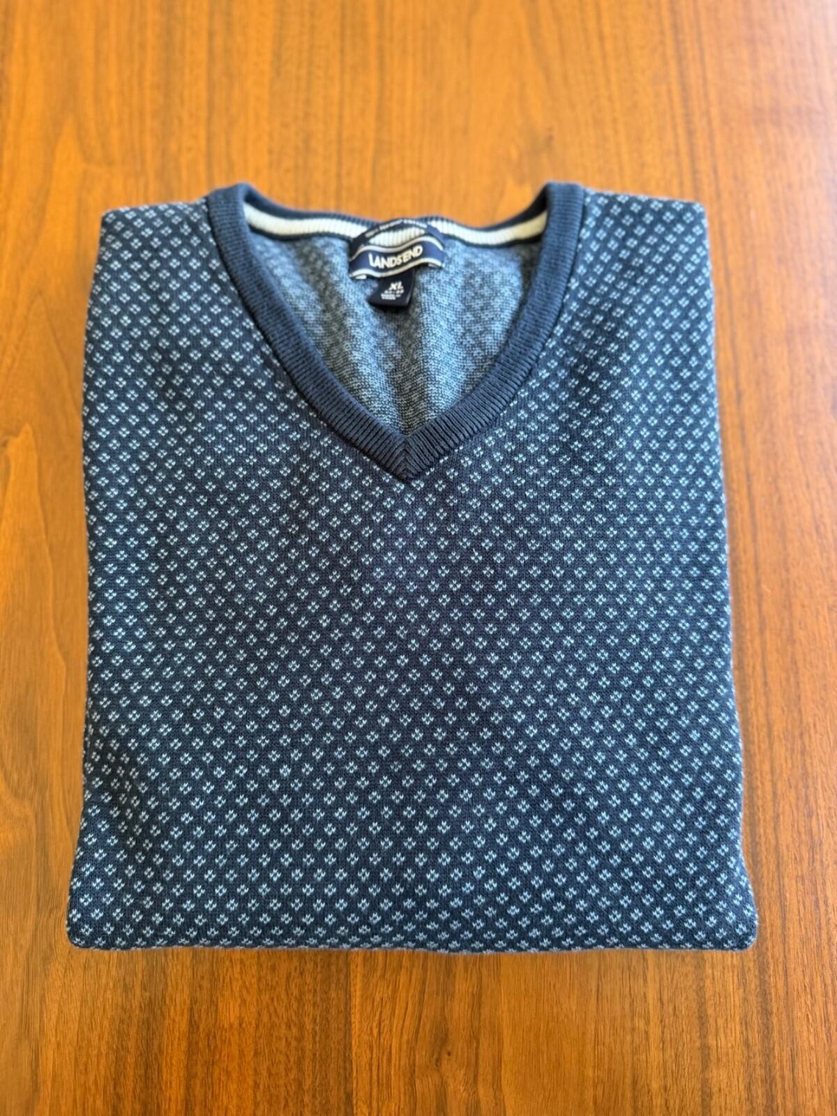 Lands' End Men's Navy Blue 100% Supima Patterned V-Neck Sweater - Size XL