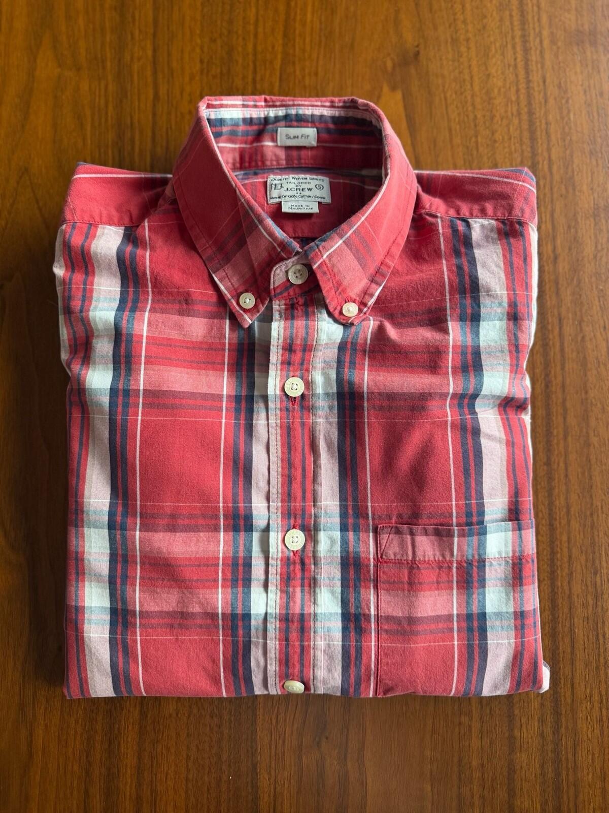 J.Crew Men's Slim Fit Red and Blue Plaid Cotton Button Down Shirt - Size S