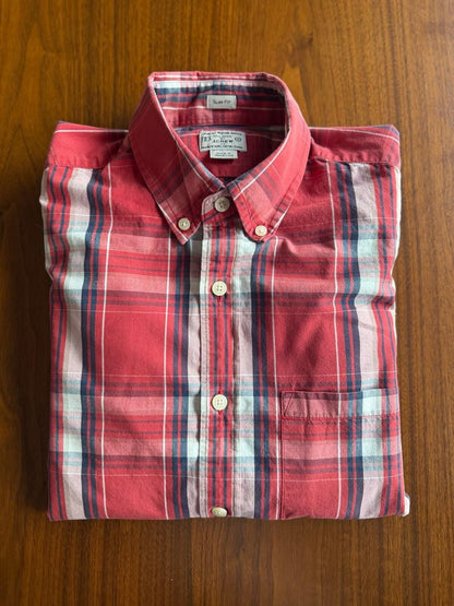 J.Crew Men's Slim Fit Red and Blue Plaid Cotton Button Down Shirt - Size S