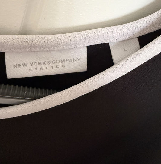 New York & Company Black Stretch Dress with White Trim and Bell Sleeves - Size L