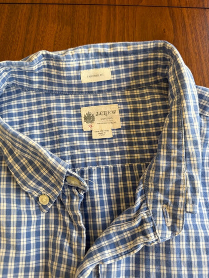 J.Crew Men's Tailored Fit Blue and White Tattersall Plaid Shirt - Size XL