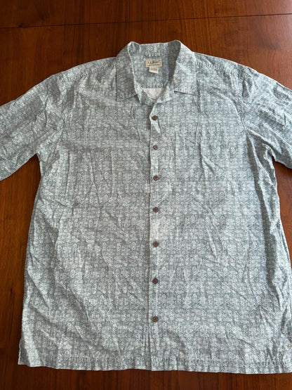 L.L. Bean Men's L Tall Short Sleeve Camp Shirt Teal Green Batik Print
