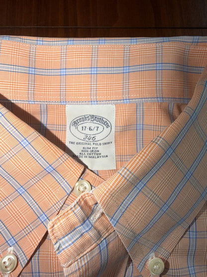 Brooks Brothers 346 Men's Slim Fit Non-Iron Orange Plaid Dress Shirt - Size 17-36