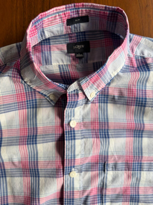 J.Crew Men's Slim Fit Pink and Blue Plaid Cotton Button Down Shirt - Size L