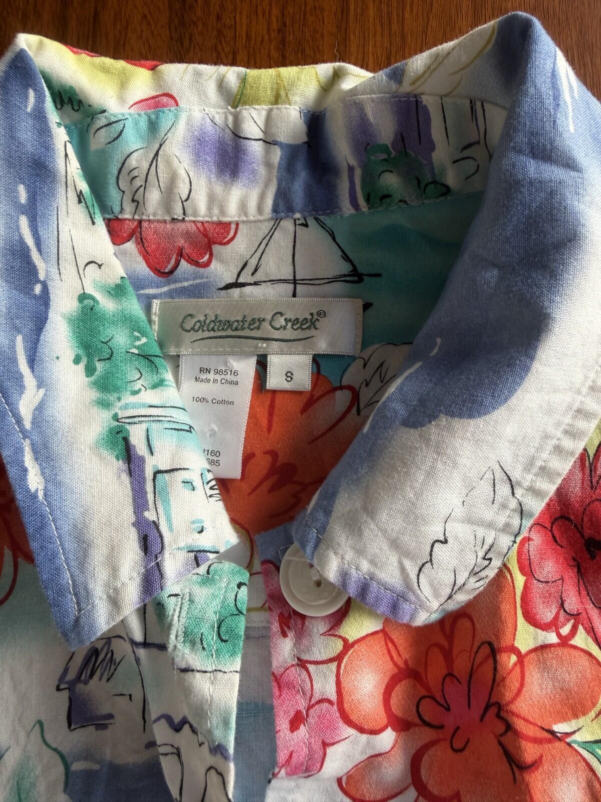 Coldwater Creek Women's Nautical Floral Watercolor Print Button-Up - Size S