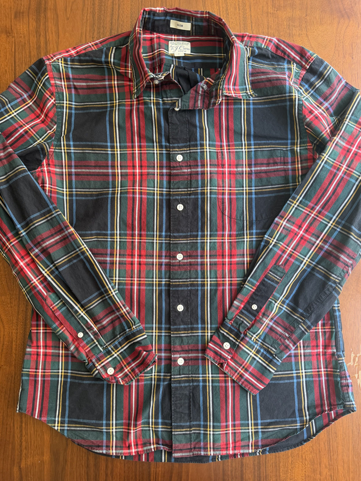J.Crew Slim Fit Secret Wash Organic Cotton Black Tartan Plaid Shirt - Size L